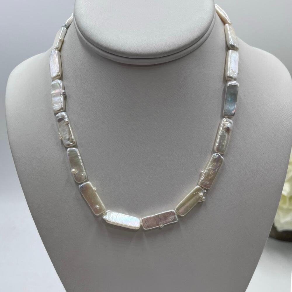 Sterling Silver Biwa Rectangular Pearl White‎ Freshwater Iridescent necklace